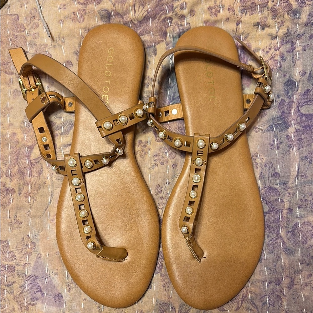 Gold Toe Tan Sandals with T-Strap Design
